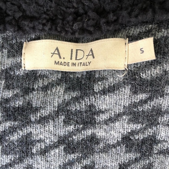 A.IDA Houndstooth Cardigan Wide Faux Fur Collar Wool Gray And Black Size Small - Picture 3 of 5